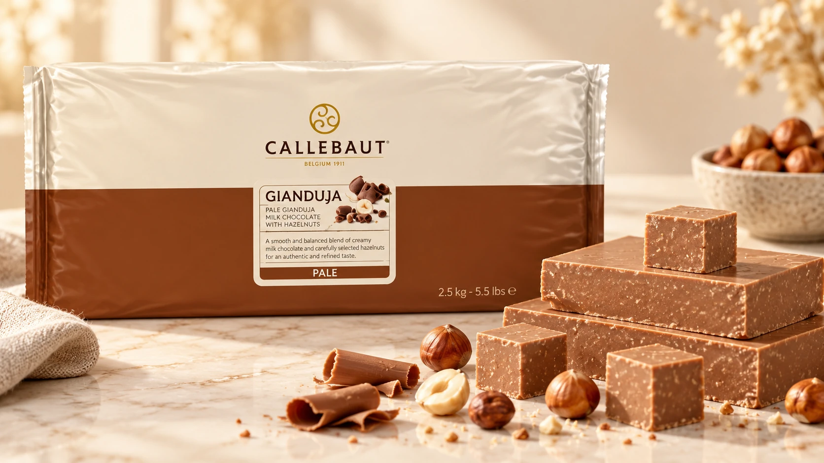 Pale Gianduja (Milk Chocolate + Hazelnut) for commercial food production